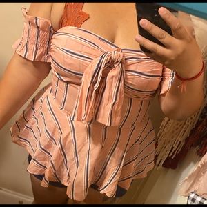 SHEIN off the shoulder pink striped blouse